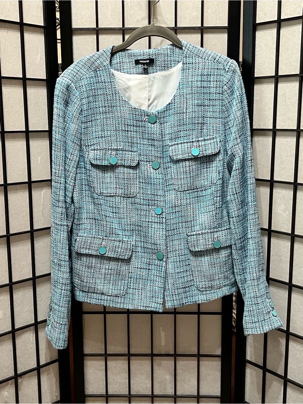 Premise Light Blue Tweed Pocket Blazer Button front closure women size 14